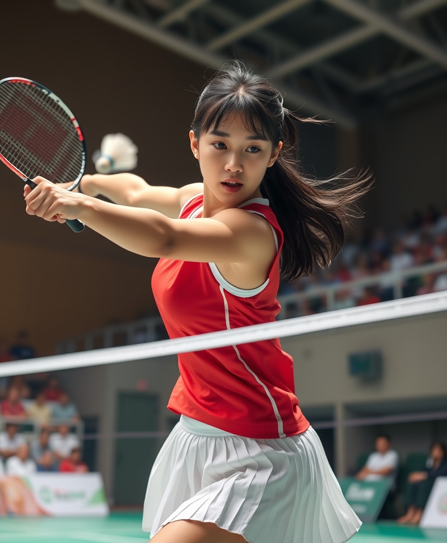 A detailed, realistic portrait of a young woman playing badminton in an indoor sports arena. The woman is wearing a bright red jersey and is mid-swing, her body in a dynamic, athletic pose as she focuses intently on the shuttlecock. The background is blurred, with glimpses of the court, net, and spectator stands visible. The lighting is natural and directional, creating shadows and highlights that accentuate the woman's features and muscular definition. The overall composition conveys a sense of energy, movement, and the intensity of the game. The image is highly detailed, with a photorealistic quality that captures the textures of the woman's clothing, skin, and the badminton equipment. A woman with a beautiful face like a Japanese idol is wearing a white pleated skirt. Badminton rackets and shuttlecocks exhibit dynamic swings and motion blur. There is a depiction of the human body with a flawless personality.