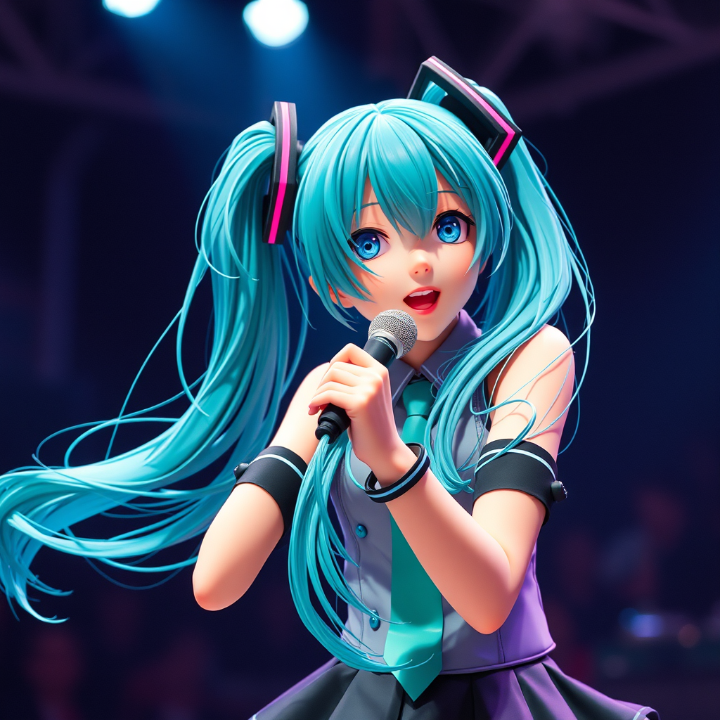 'in action on stage, hatsune miku, 8K resolution, Blender, close-up'