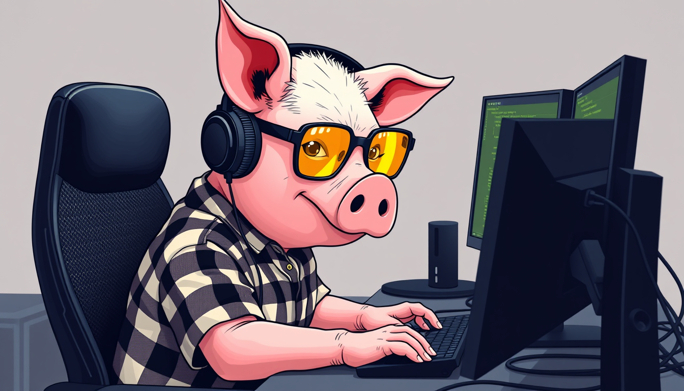 A tech-savvy pig coder, wearing yellow-tinted glasses and sleek noise-cancelling headphones, hunches over a cutting-edge multi-monitor setup. The anthropomorphic pig exudes focus, typing furiously while dressed in a plaid t-shirt. - Image