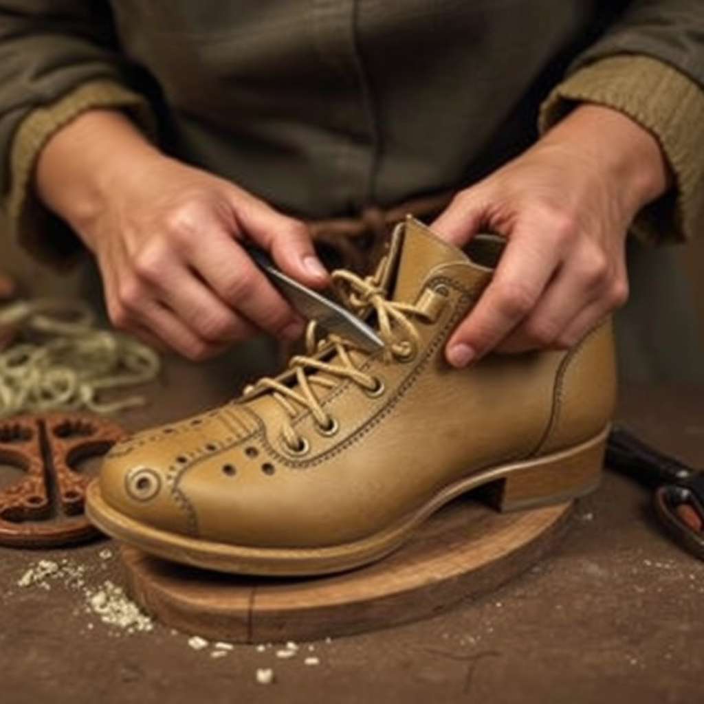 Cutting process for creating shoes, medieval theme. - Image