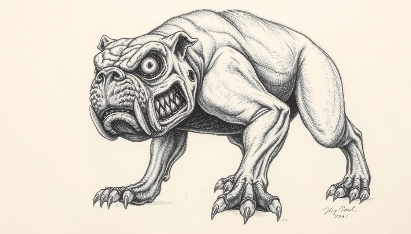 Horror Monster created by H.P. Lovecraft Drawing, one-eyed Bulldog that was massive, full body, raw drawing. - Image