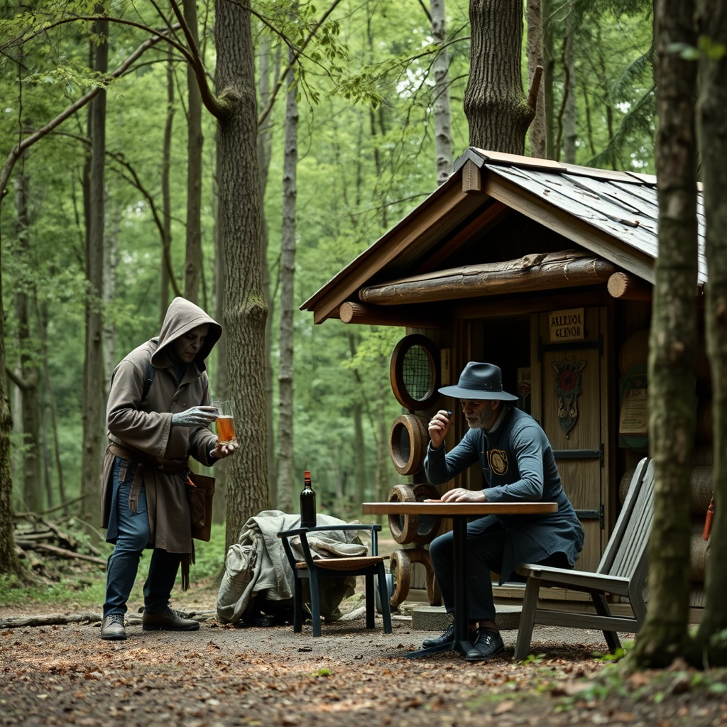 Real-life photography, wide shot: In the forest, there is a wooden cabin selling alcohol, and a dressed zombie comes to buy some. Next to the cabin, there are one table and two chairs, with a zombie wearing a hat sitting and drinking. A Japanese female barbarian is selling the alcohol.