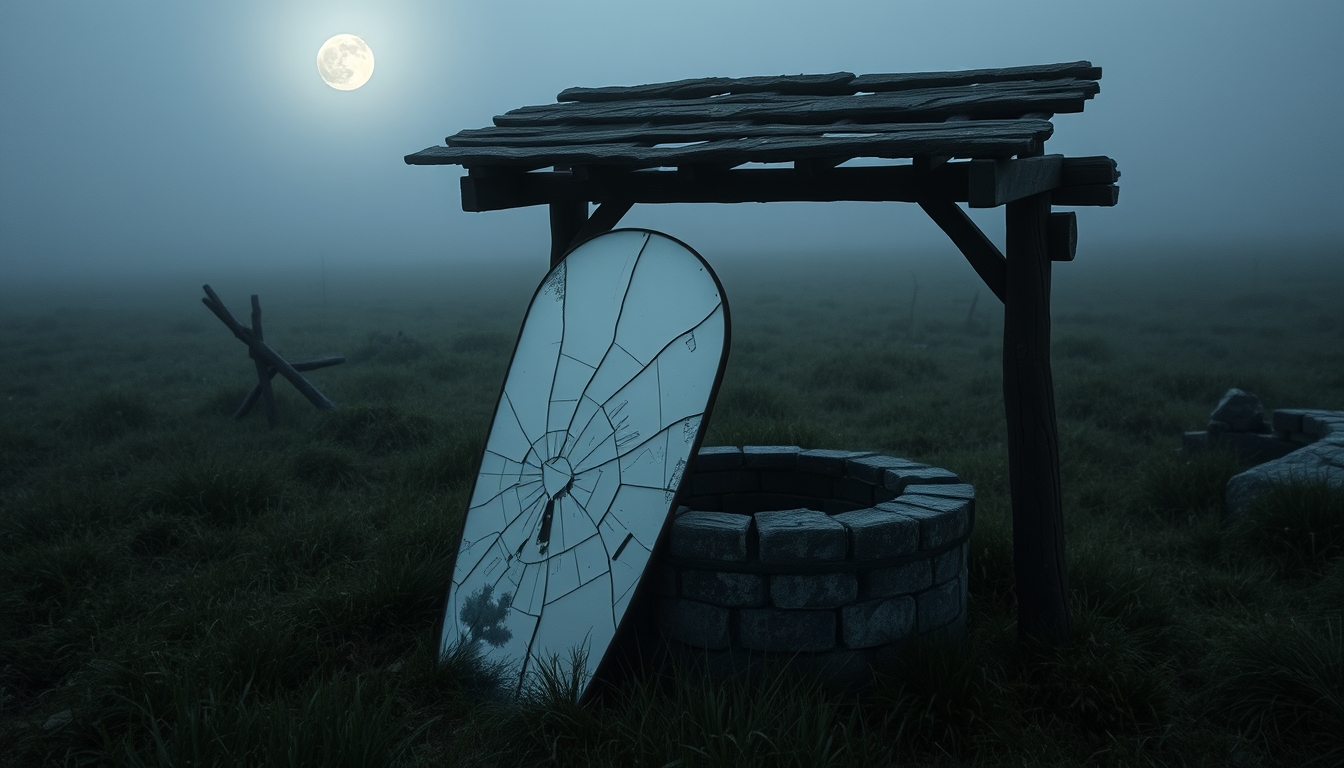 A cracked mirror propped against an old well in a misty meadow, reflecting the eerie, pale glow of the full moon. - Image