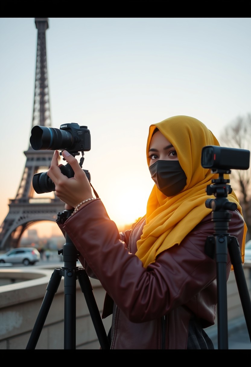 Biggest hijab yellow Muslim girl, beautiful eyes, face mask black, red leather jacket, black biggest skirt, camera DSLR CANON, tripod, taking photos, sunrise, morning scenery, Eiffel Tower, hyper-realistic, street photography.