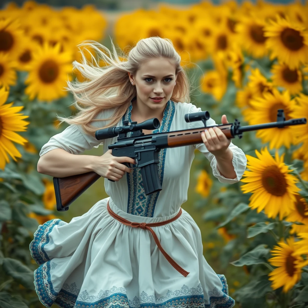 A 20-year-old Ukrainian woman running in front of the camera in a sunflower field, blonde, holding a sniper rifle, (Ukrainian traditional costume: 1.4), styled by Rick Remender, motion blur, action, full body, award-winning work.