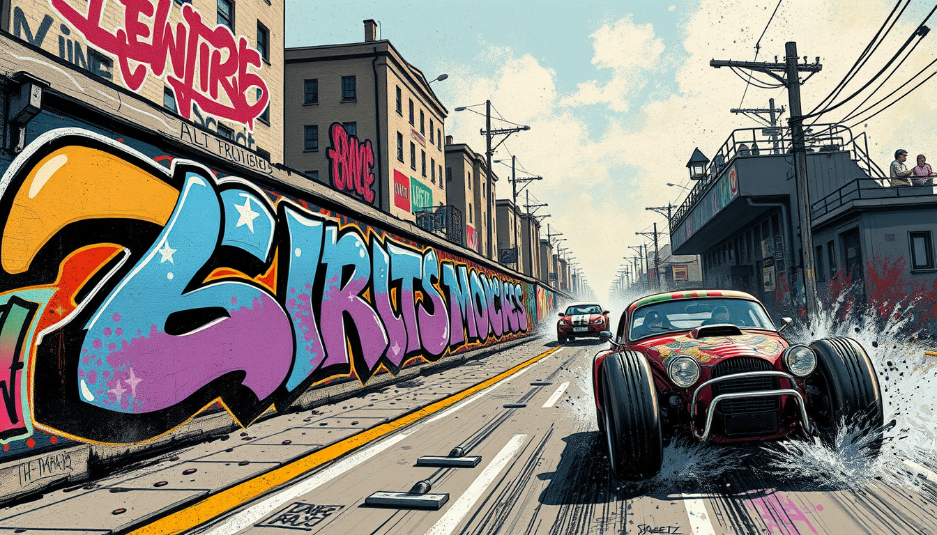 Graffiti style art depicts the street racing theme.