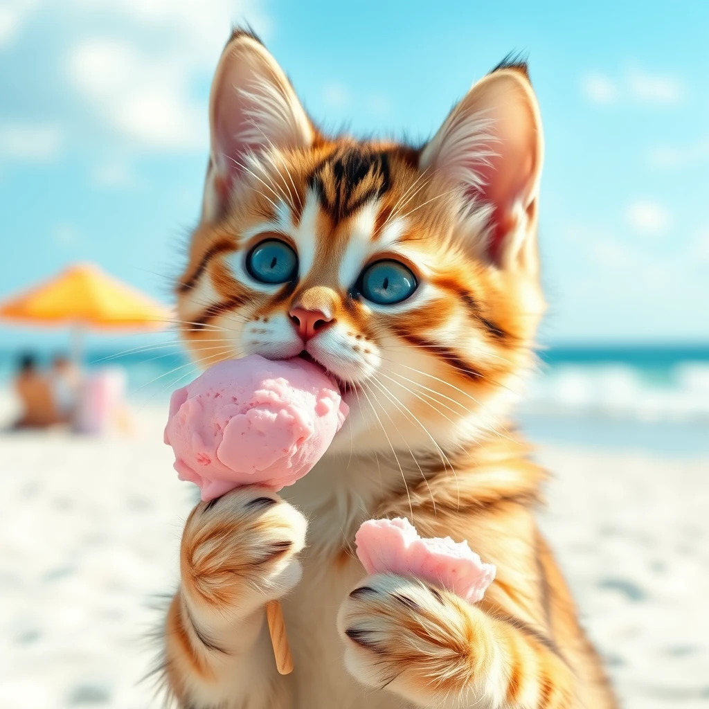 A cute cat eating pink ice cream at the beach.