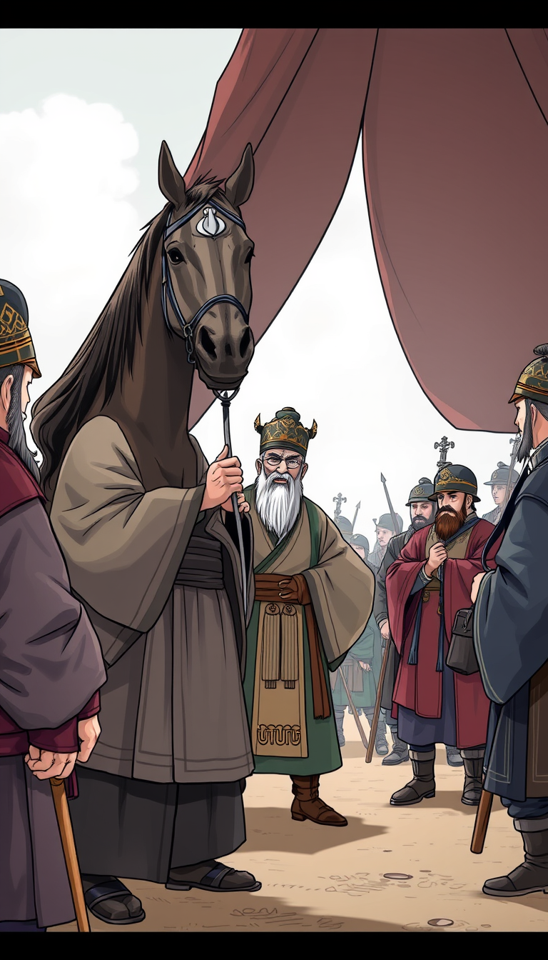 An old general, dressed in Song Dynasty military attire, stands confidently before the other generals, pointing to an old horse. The other generals nod thoughtfully, while soldiers outside the tent listen attentively. The scene is drawn in a manga style.