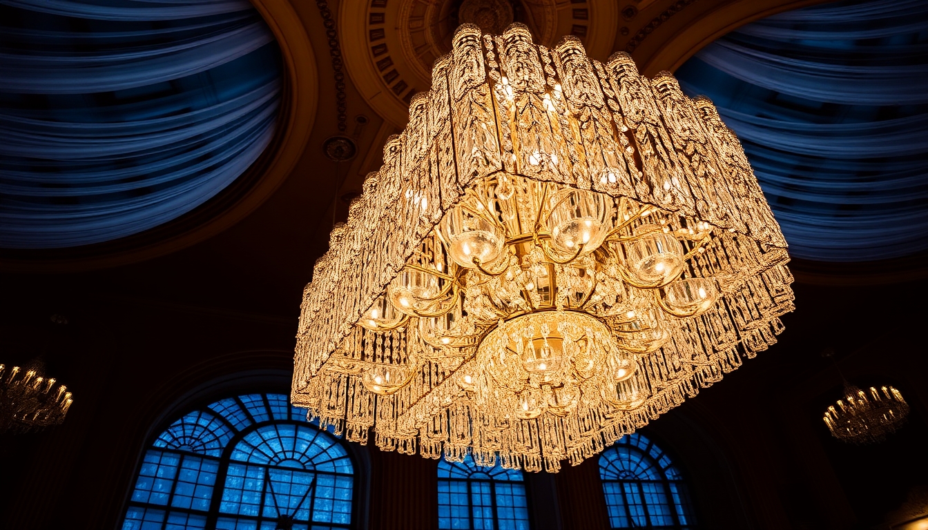 A stunning chandelier made of thousands of tiny glass crystals in a grand ballroom.