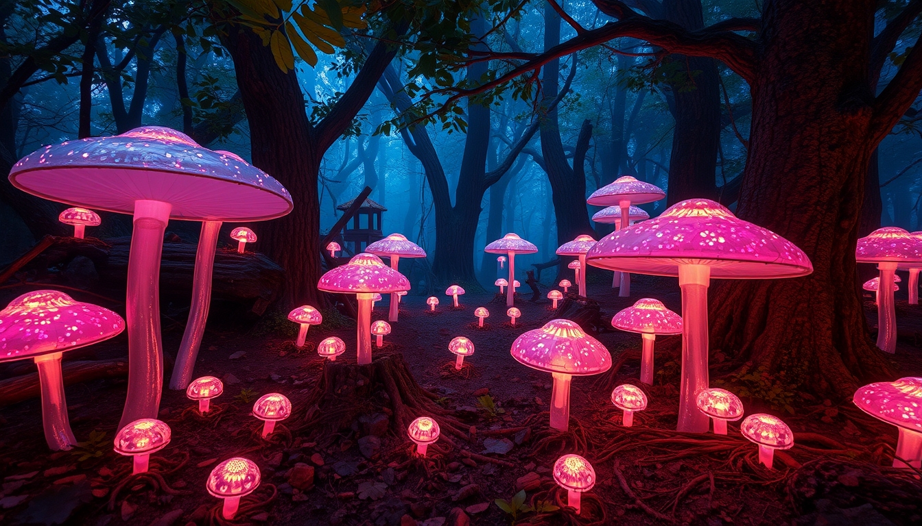 A magical forest with glowing glass mushrooms scattered around.