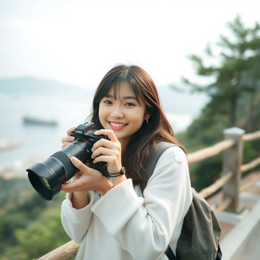 "Korean young woman with camera, recording journey moments, good mood, soul relaxation, Cheung Chau Island adventure, photorealistic style"