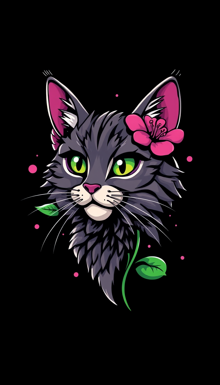 CAT FLOWER, graffiti VECTOR 3D, ART by Warner Bros. Animation, solid color, TSHIRT DESIGN ART by black background.