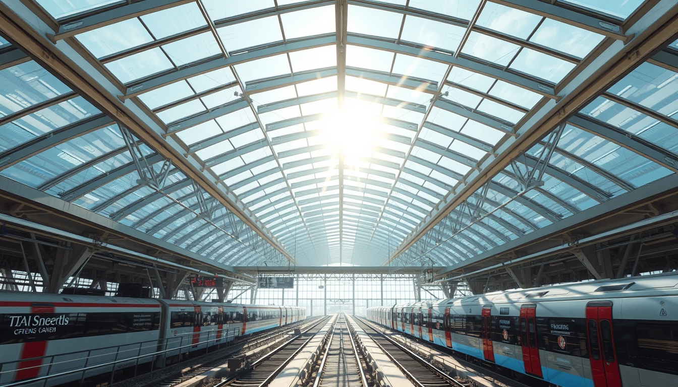 A futuristic train station with glass ceilings and walls, sunlight streaming in. - Image