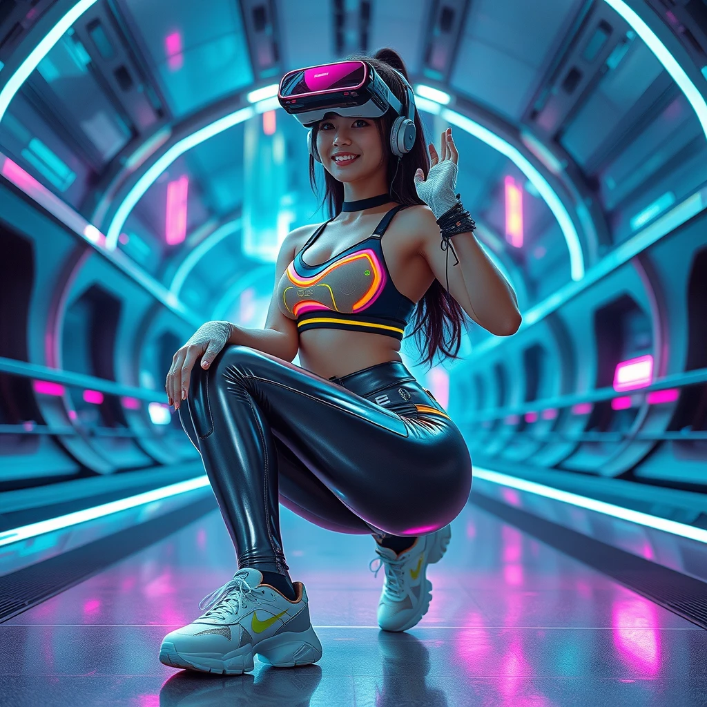 Concept: Depict a female athlete in a futuristic city, wearing cybernetic gear.  
Style: Shiny leggings, neon sports bras, and cybernetic-designed sneakers.  
Setting: Futuristic cityscapes like towering buildings, tunnels, or virtual reality spaces.  
Pose: Poses involving VR headsets, using futuristic exercise equipment, or performing dynamic moves in a virtual environment.  
Lighting: Use neon lights to create a futuristic atmosphere and lasers to add a dramatic touch.

22-year-old girl, Korean idol, (Short bridge of the nose), (High, slender nose), young, cute, smile. - Image