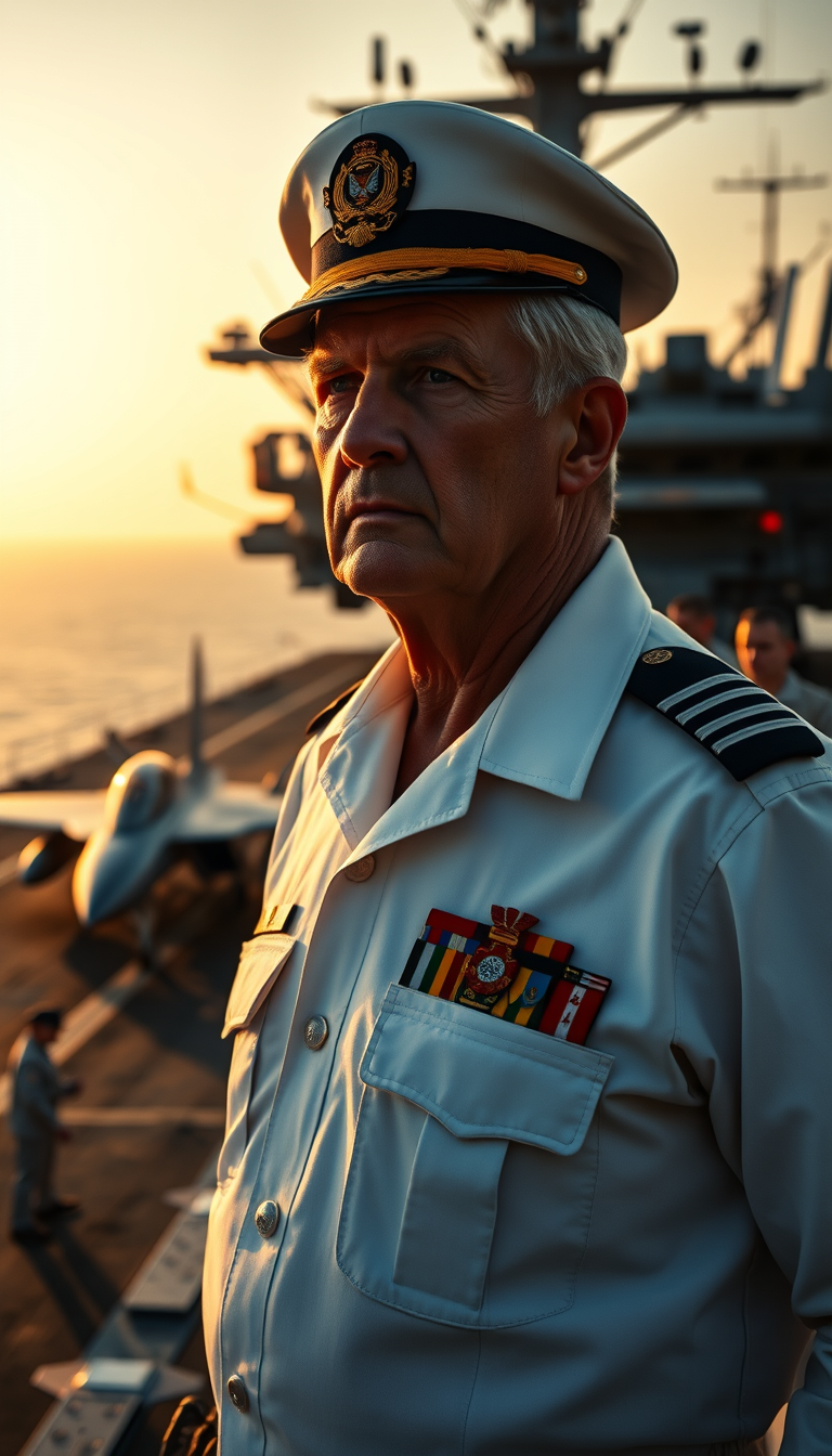 Main Character: A distinguished and weathered American Naval Admiral in his mid-40s, with a stern yet resolute expression, stands on the deck of an aircraft carrier. He is dressed in a crisp, impeccably maintained Navy uniform, adorned with numerous medals and decorations that speak to a long and decorated career. His posture is upright and commanding, reflecting his years of experience and authority. His gaze is fixed on the horizon, conveying a sense of focus and determination.  
Background: The vast flight deck of a modern American aircraft carrier stretches out behind the Admiral. The scene is bustling with activity as sailors and crew members go about their duties. Fighter jets stand ready for takeoff, their sleek silhouettes adding to the powerful atmosphere. The vast ocean stretches out to the horizon, meeting the sky in a hazy line. The scene is bathed in the warm, golden light of either sunrise or sunset, creating a dramatic and visually stunning backdrop.  
Visual Style: The visual style should be that of professional, cinematic photography, emphasizing realism and detail. The image should capture the immensity of the aircraft carrier and the vastness of the ocean, conveying the power and reach of the Navy. The lighting should be natural and dramatic, highlighting the Admiral's features and the details of his uniform. The overall tone should be one of strength, determination, and unwavering service.