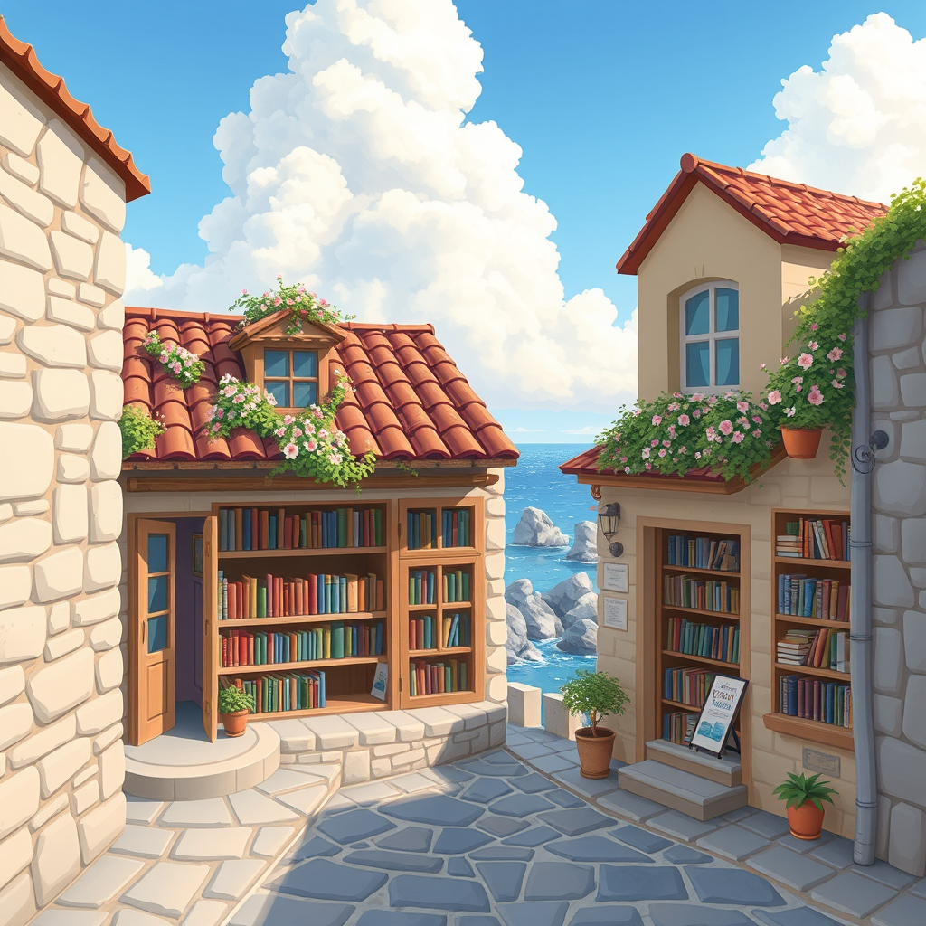 A bookstore beside the sea, small stone streets, little flowers on the roof, books on the shelf, opened doors, semi-cartoon style, blue sky, white clouds, you can see stones in the sea far away. Camera view. Sweet, Classic Tales Bookstore.