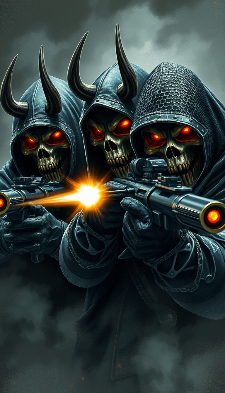 Artwork drawing of British special forces merging with a demonic Knights Templar aesthetic. Skull-faced masks with glowing eyes, razor-sharp teeth, and prominent horns. Firing weapons with visible muzzle flashes. Draped in thick chainmail veils and bulletproof ancient armor. Shrouded in dark mist, emanating an aura of intimidation and fear.