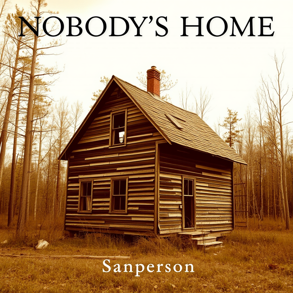 Album cover for “Nobody’s Home” by artist “Sanperson,” depicting a sepia photo of an abandoned wooden house in disrepair in the middle of the woods.