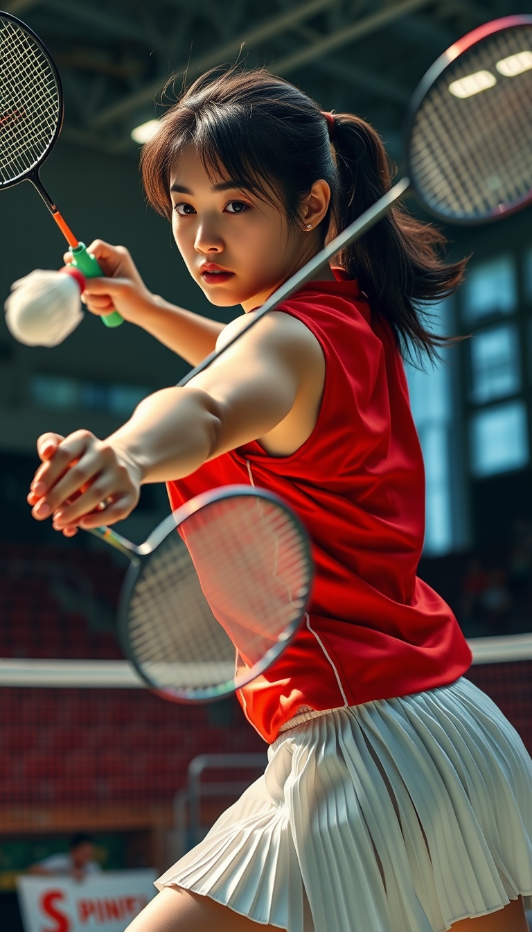 A detailed, realistic portrait of a young woman playing badminton in an indoor sports arena. The woman is wearing a bright red jersey and is mid-swing, her body in a dynamic, athletic pose as she focuses intently on the shuttlecock. The background is blurred, with glimpses of the court, net, and spectator stands visible. The lighting is natural and directional, creating shadows and highlights that accentuate the woman's features and muscular definition. The overall composition conveys a sense of energy, movement, and the intensity of the game. The image is highly detailed, with a photorealistic quality that captures the textures of the woman's clothing, skin, and the badminton equipment. A woman with a beautiful face like a Japanese idol is wearing a white pleated skirt. Badminton rackets and shuttlecocks with dynamic swings and motion blur.