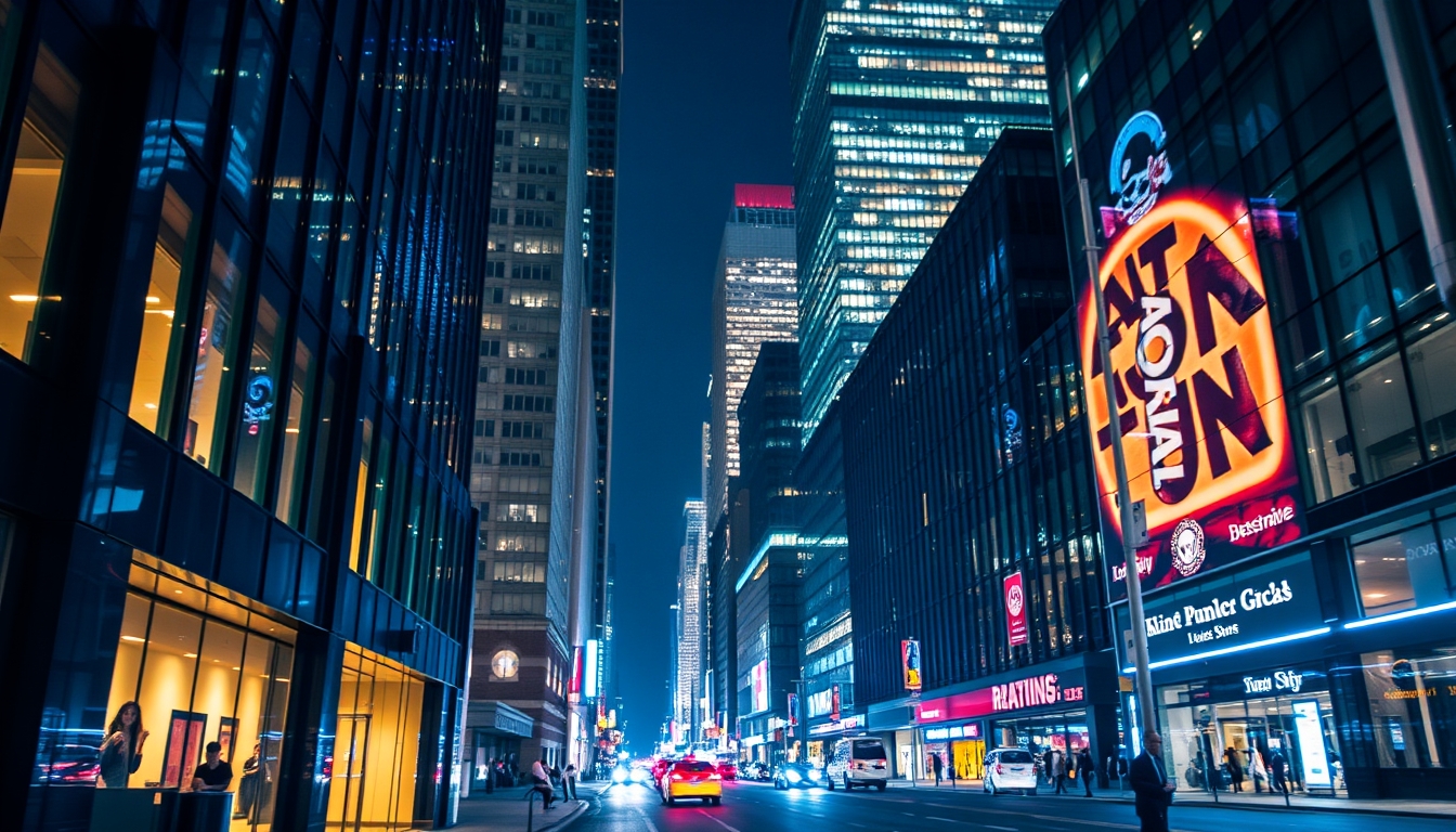 A vibrant city street at night, with reflections in the glass windows of skyscrapers.