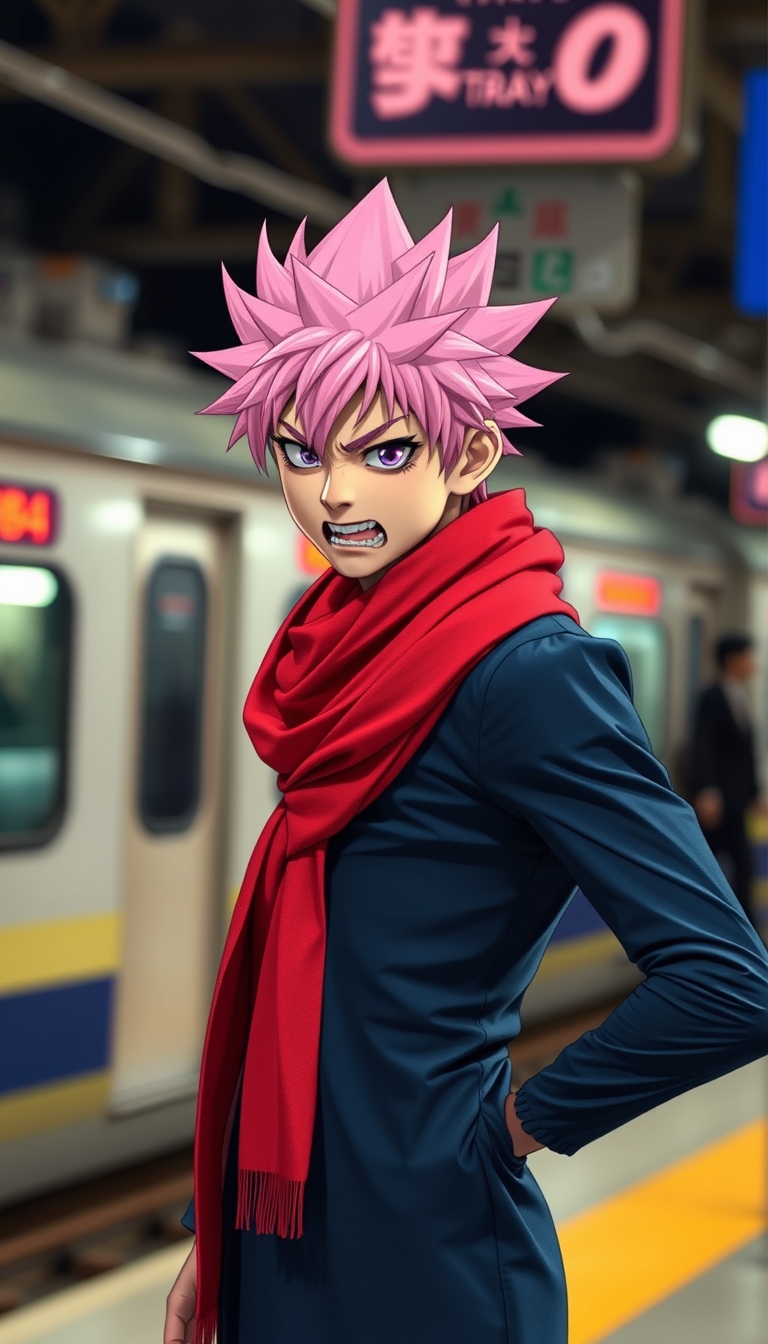 A Japanese guy wearing a dark blue long sleeve dress with a red scarf around his neck, pink spiky hair, full of spirit and an energetic expression, looking angry, against a Tokyo train station background with bokeh.