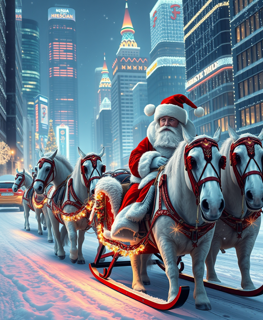 "Russian Snow Grandfather rides in a festive New Year's sleigh pulled by a Russian troika of horses through a futuristic city decorated with Christmas lights. A charming Russian Snow Maiden is sitting next to him in a sleigh."