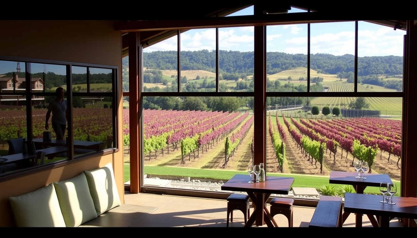 A picturesque vineyard with a glass-walled tasting room overlooking the grapevines. - Image