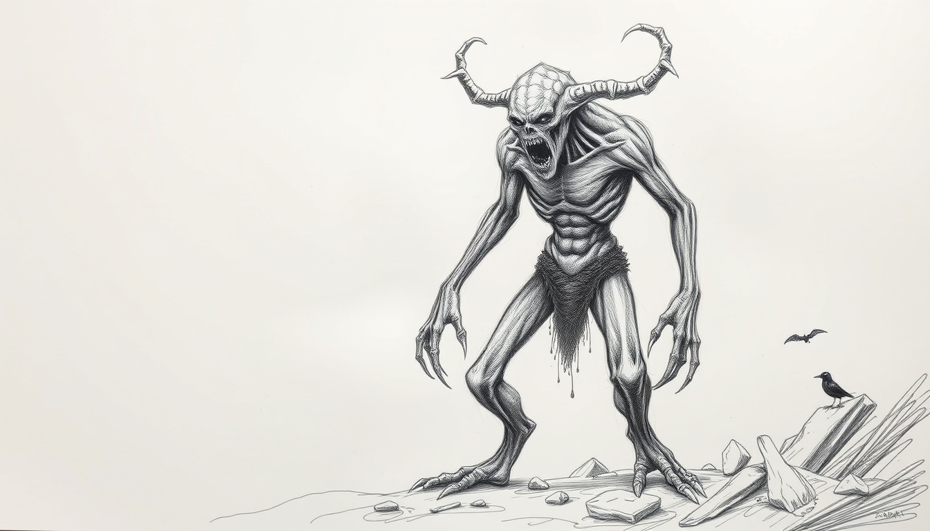 Horror Monster created by H.P. Lovecraft Drawing, full body, raw drawing. - Image