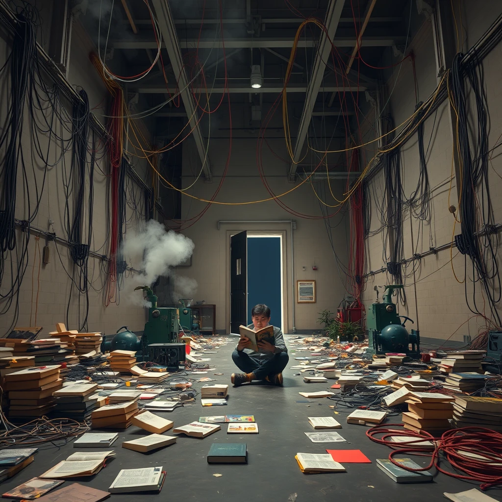 A real-life photograph, wide shot, of someone sitting in the corner of a large hall, reading a book. The hall has some books scattered messily, and many wires of varying thicknesses are on the floor and in the air, including red, blue, yellow, and other colors. Additionally, there are some machines emitting steam. At night, the lighting is dim, and there are some plants. At night, the main door of the hall is open.