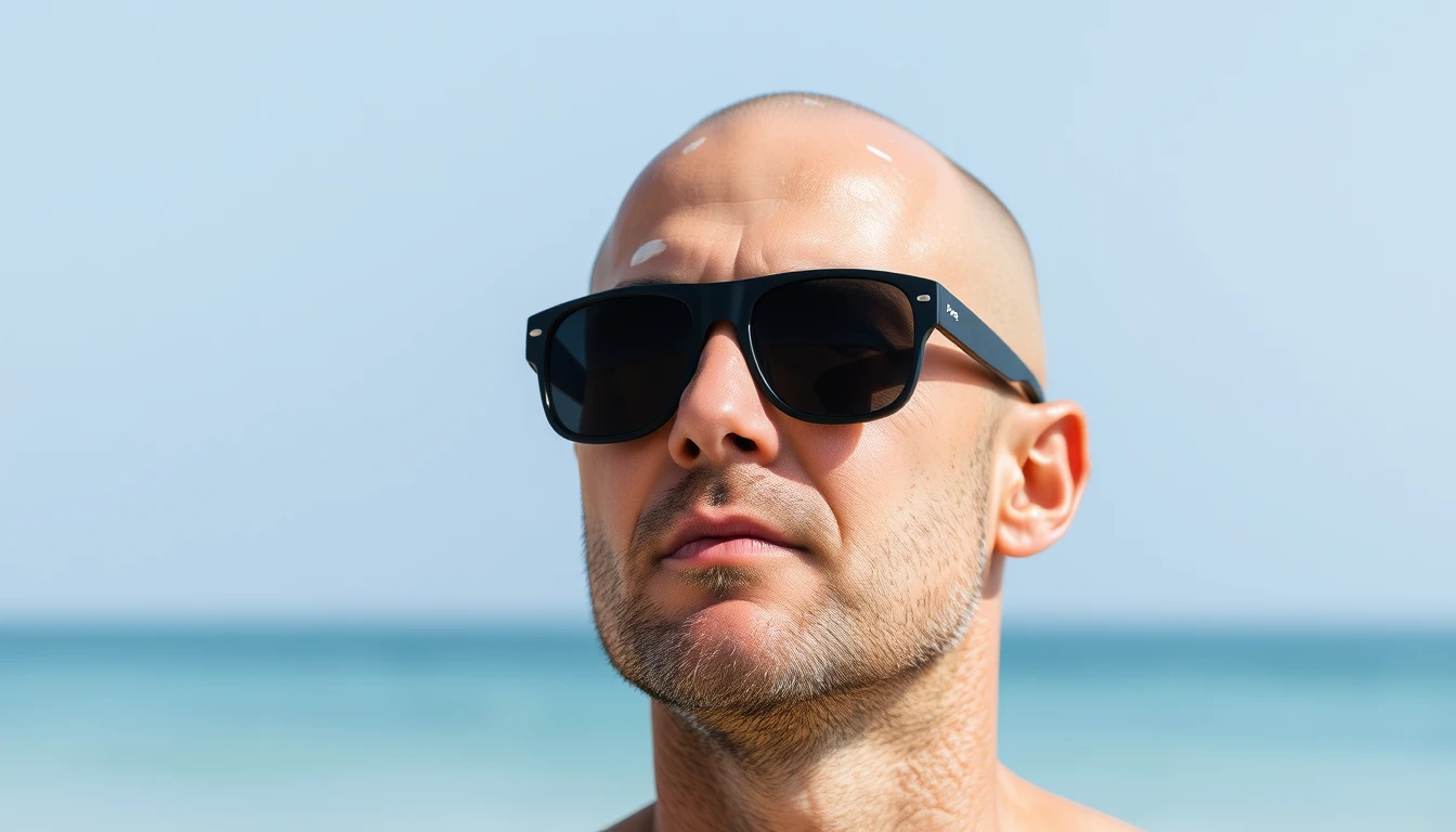 A bald man enjoying a day at the beach, wearing sunglasses and sunscreen to protect his scalp.