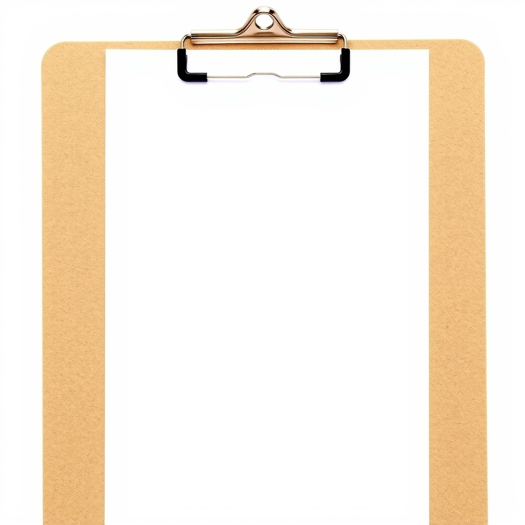 A clipboard with a blank sheet of paper on a white background.