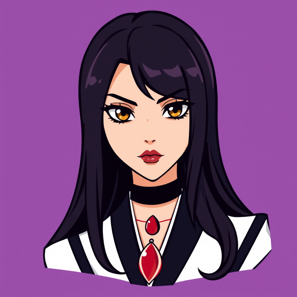 A basic simple vector logo of a beautiful female character with hazel brown eyes, long, dark black hair, wearing a black and white outfit with a red pendant necklace, and serious face with red lipstick, on a purple background.