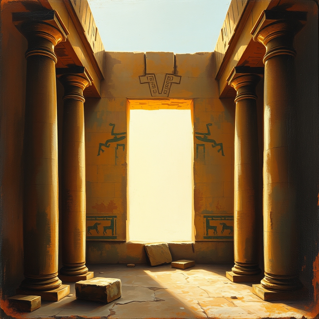 An old oil painting of an Egyptian temple. Inside. Window temple. Sunlight. View from the side.