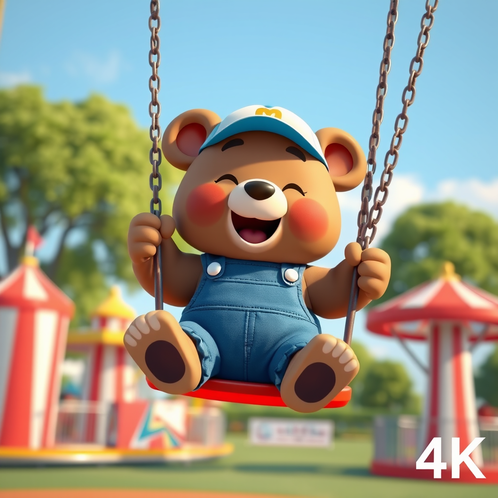 Cute cartoon bear, dressed in denim overalls and a baseball cap, swinging on a swing in an amusement park. The picture conveys joy and fun. 3D cartoon style, 4K.