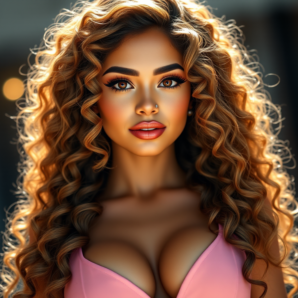 A radiant Hispanic beauty, adorned with cascading waves of long, curly hair and curtain bangs, stands confidently. Her pretty face is accentuated by false eyelashes, full lips, thick, well-manicured eyebrows, and high cheekbones. Her facial features are meticulously contoured, with hyper-detailed eyes and pupils, even eyelids, and a flawless makeup application by a MAC makeup artist. Her slender yet curvy body is showcased in a low-cut, short, tight pink dress, revealing a small waist and wide hips. Long acrylic nails, adorned with intricate nail art, add to her allure. A small, dainty diamond nose ring completes her look. This stunning image is rendered in hyper-realistic, hyper-detailed quality, suitable for 10k resolution and ultra-high definition (UHD) photography.