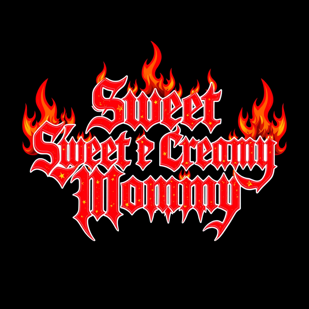 Stylish death metal band logo for "Sweet Creamy Mommy" in red with fiery orange embers and chars around the lettering. - Image