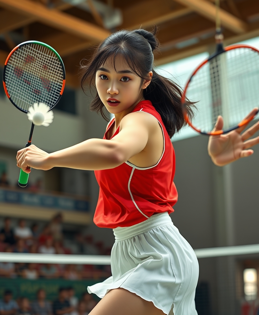 A detailed, realistic portrait of a young woman playing badminton in an indoor sports arena. The woman is wearing a bright red jersey and is mid-swing, her body in a dynamic, athletic pose as she focuses intently on the shuttlecock. The background is blurred, with glimpses of the court, net, and spectator stands visible. The lighting is natural and directional, creating shadows and highlights that accentuate the woman's features and muscular definition. The overall composition conveys a sense of energy, movement, and the intensity of the game. The image is highly detailed, with a photorealistic quality that captures the textures of the woman's clothing, skin, and the badminton equipment. A woman with a beautiful face like a Japanese idol, she is wearing a white pleated skirt. Badminton rackets and shuttlecocks with dynamic swings and motion blur depict the human body with a flawless personality. - Image