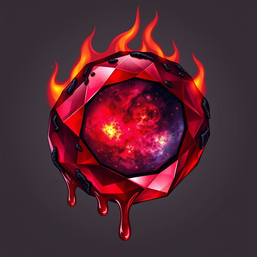 A tee shirt design of a beautiful ruby on fire with beautiful liquid red ruby dripping with flames. The ruby has black char all over it and subtle colorful embers burning in the ruby. Inside of the ruby should be reminiscent of beautiful galaxies perfectly blended with chaos. Striking and otherworldly on a transparent background. - Image