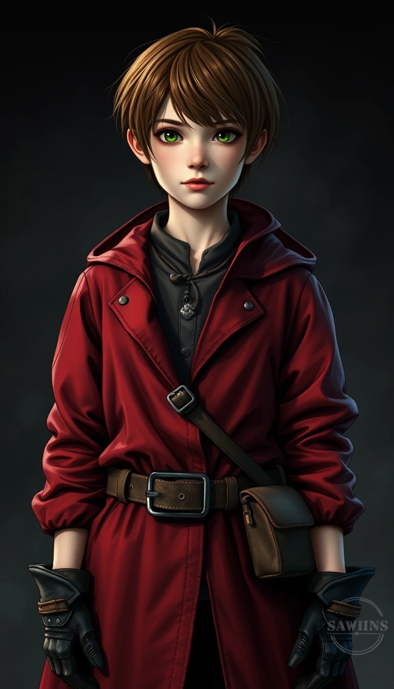 A young girl of 18 years old, brown hair, green eyes, short hair, red raincoat, dark brown linen shirt, small belt bag attached to the belt and shoulder, black pants, leather gloves. RPG. Middle Ages. Dark Fantasy. - Image