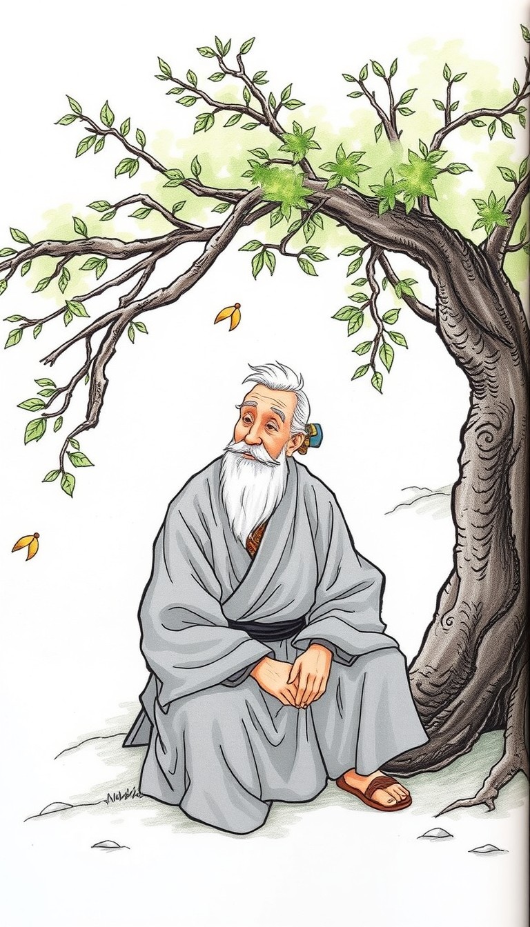 An elderly man in traditional gray clothing, with white hair, sits down near the tree, illustrated in a picture book style with a simple, light white background. - Image