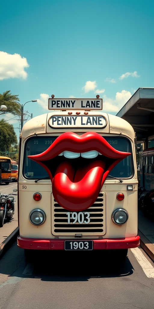 Surreal and whimsical image featuring a vintage bus parked at a bus station. The bus has a cream-colored exterior with a slightly weathered look, and the number '1903' is displayed on the front. The most striking feature is the large, exaggerated set of lips and teeth superimposed on the low front of the bus, resembling the Rolling Stones logo, with headlights as eyes and giving it a cartoonish and humorous appearance. The bus station has a covered area with a high roof, and there are other buses and motorcycles visible in the background. The bus destination sign reads 'PENNY LANE' in white text on a black background. The overall scene is bright and clear, with a blue sky and some clouds visible. - Image