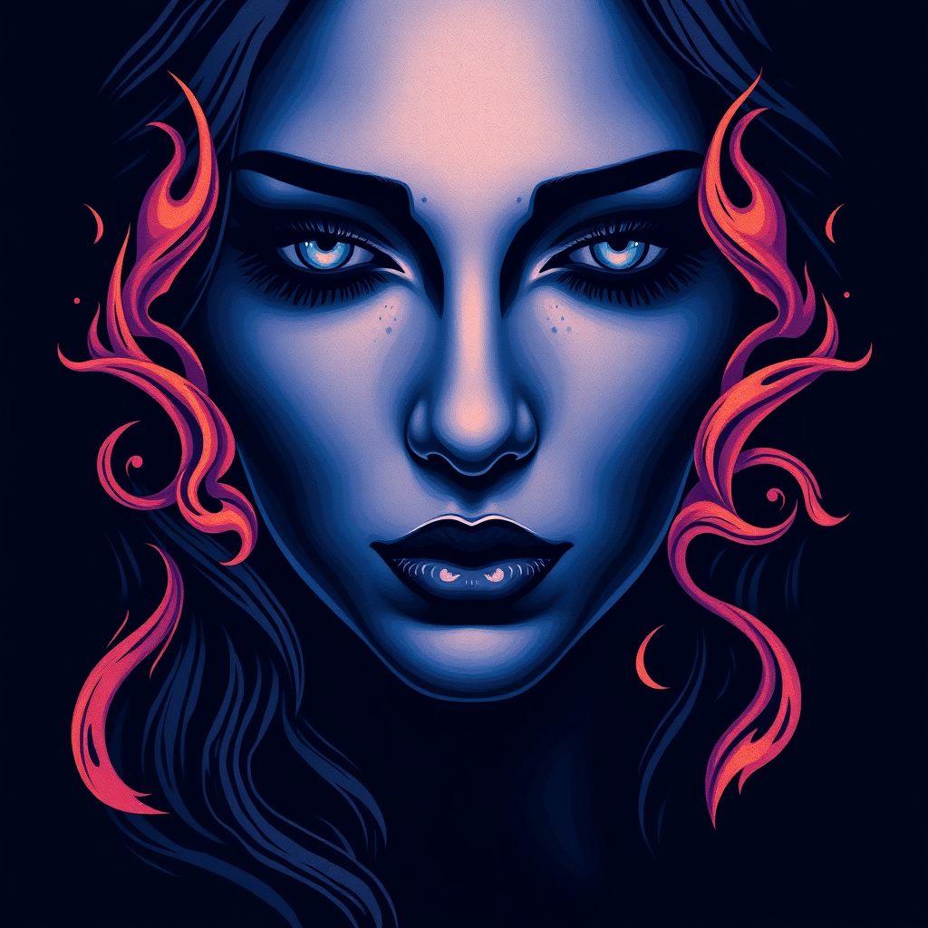 A tee shirt design featuring a close-up of a woman's face, inspired by the sun, conveying a sense of passion with swirling flames as accents, yet maintaining a cool, almost melancholic color palette. Imagine deep blues with hints of purple, creating an overall design that feels soulful. It should represent a deep, passionate, and soulful embodiment of the sun. - Image