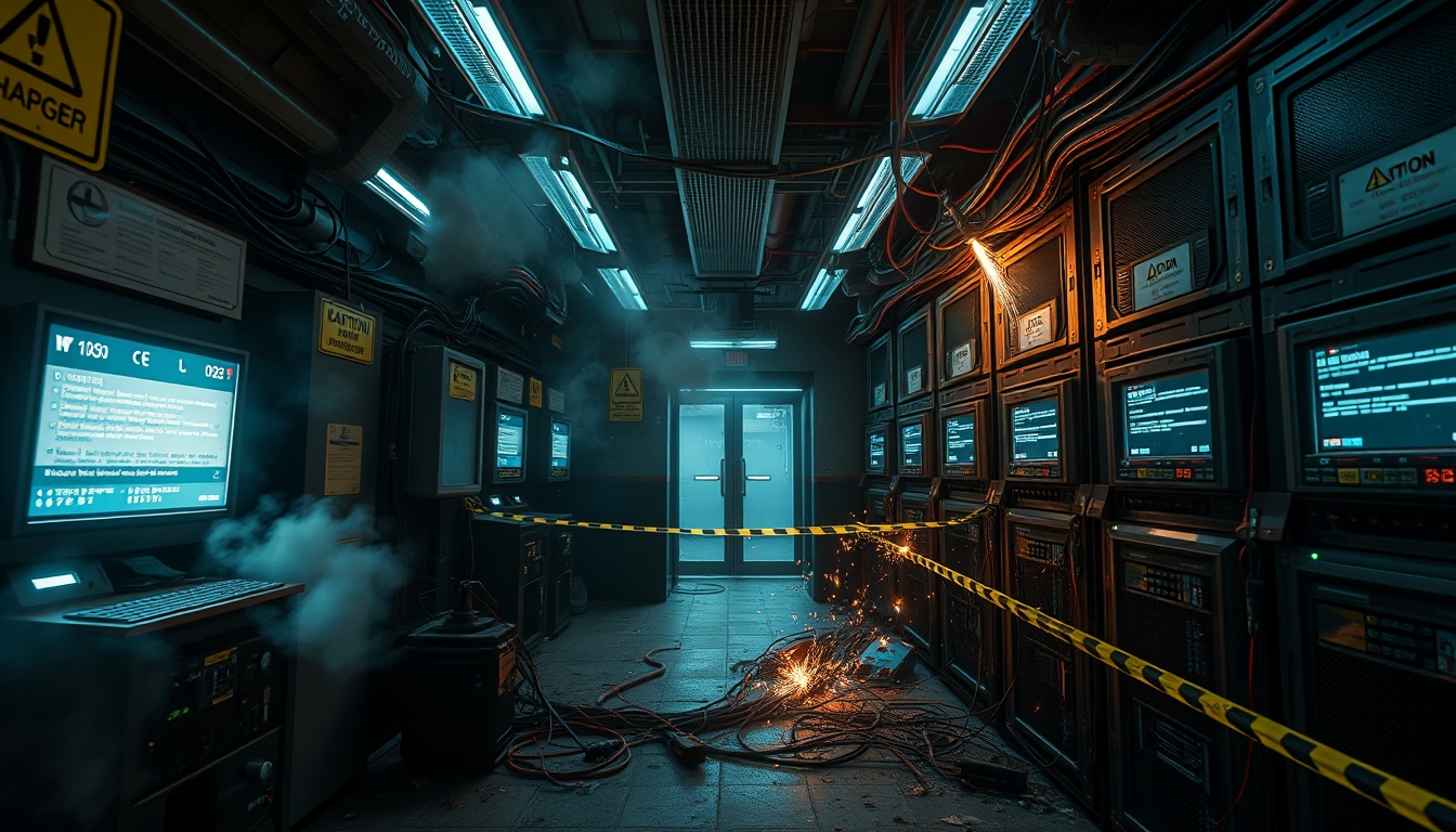 A futuristic server room, by Syd Mead and Ash Thorp, abandoned, dark, dimly lit, eerie atmosphere, warning signs, caution tape, broken machinery, sparks flying, smoke rising, futuristic computer hardware, tangled wires, error messages on screens, 8k, octane render, cinematic, key art, hyperrealism, low-angle shot, dramatic lighting, fog, mist, (abandoned), (neglected), (decaying), Canon EOS 5D, ƒ 2.8, 24 mm, medium-format print.