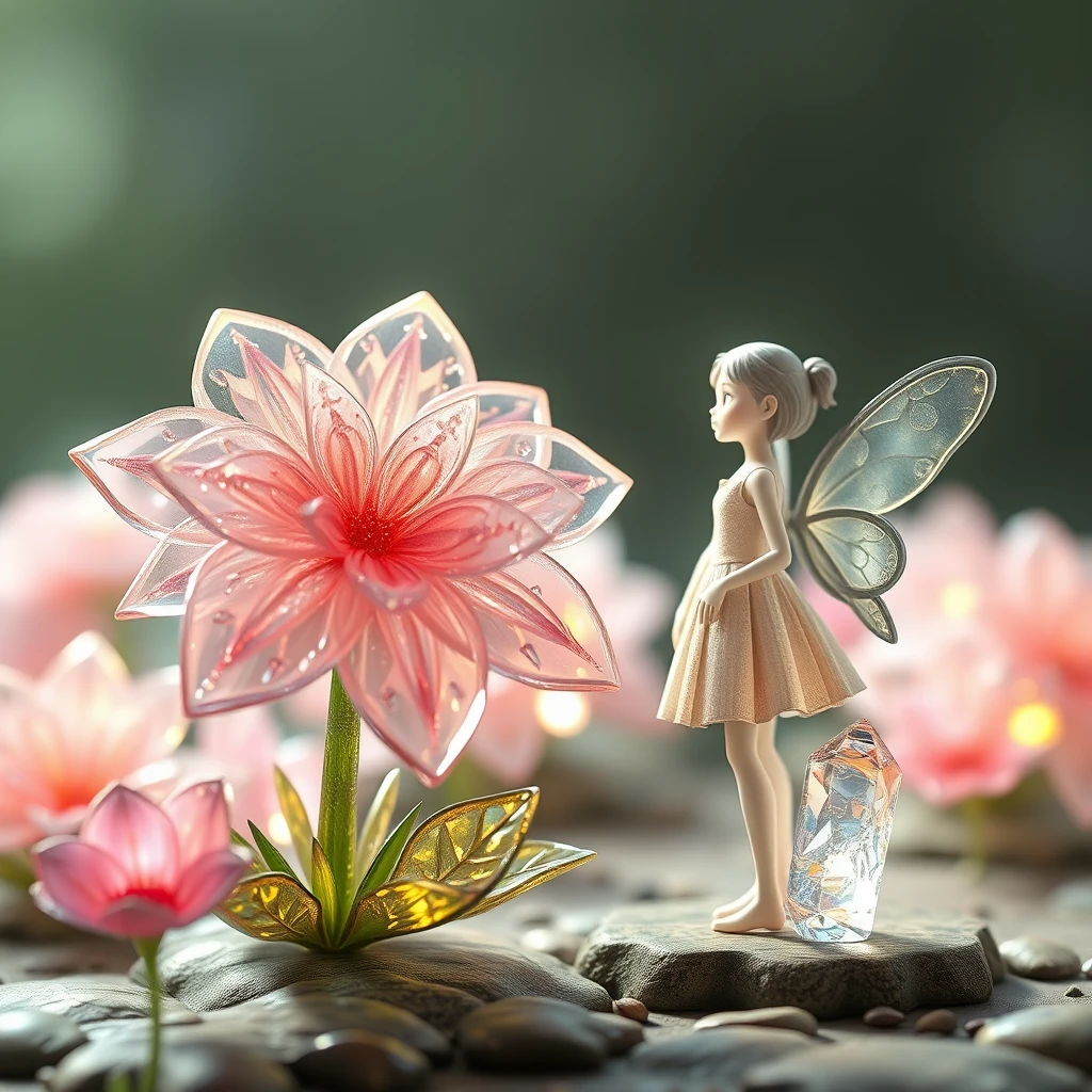 Glass textured flowers, a girl standing next to her wearing a skirt, fairy spirits talking to her, crystal sparkling next to her, Picas style, anime, 3D rendering, natural light, high-definition picture quality, 8K, -- niji 6 - Image