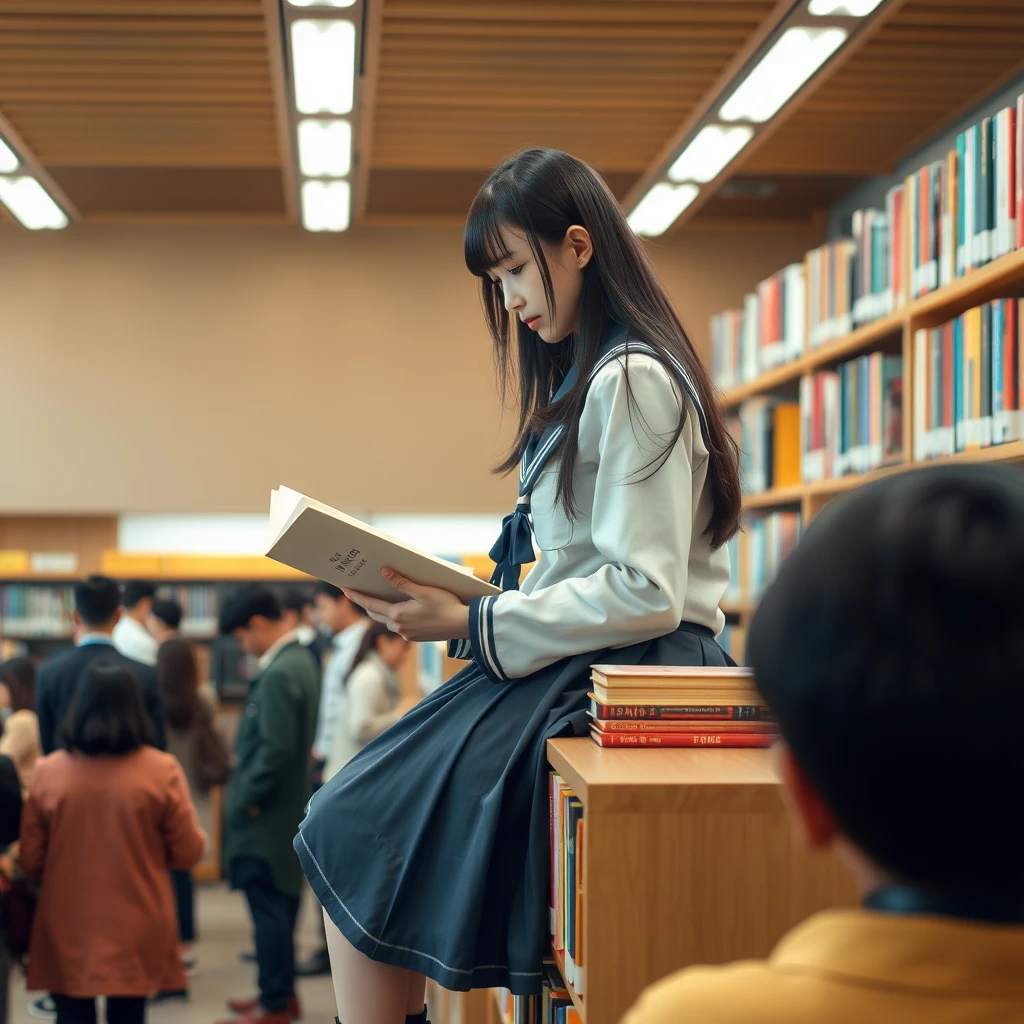 Real person photography, in the library, there is a Japanese female student wearing a school uniform skirt (with white skin) who is sitting on top of the bookshelf and reading a book. There are many people in the library. The main character is in the upper right corner of the frame. - Image