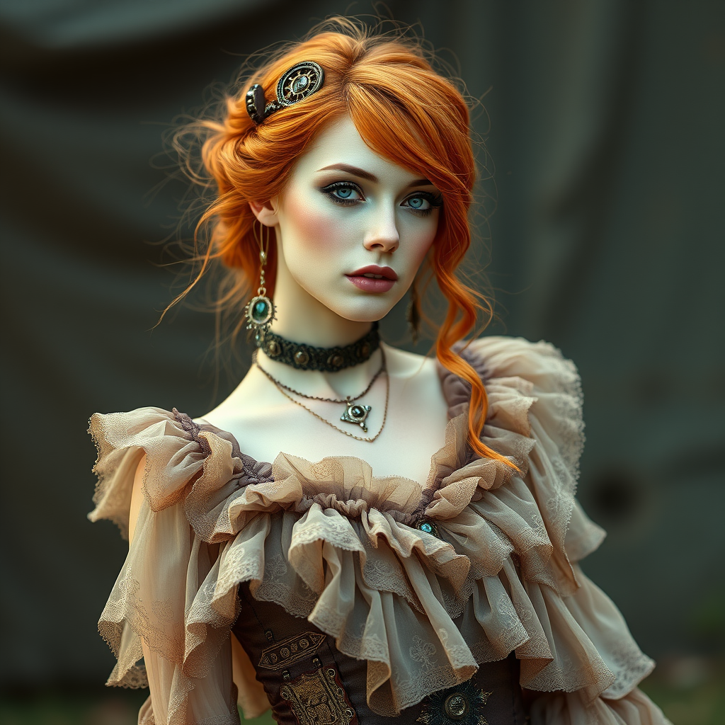 A beautiful redhead female country artist wearing a steampunk-inspired layered gown. She has clean makeup and is captured in vivid colors, embodying the essence of fantasy and a minimalist, fantastical, edgy, and regal themed outfit, with depth of field.