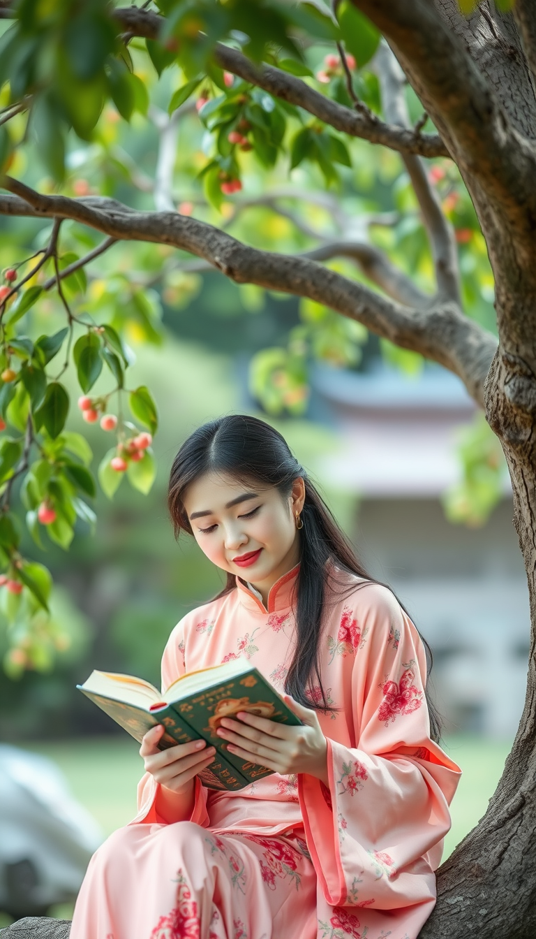 A Chinese beauty is reading a book under a tree. - Image