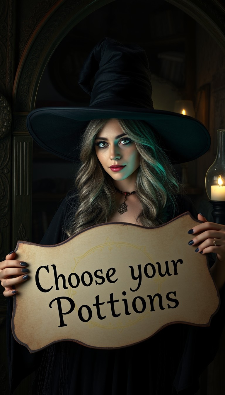 A beautiful witch in her dark home, holding a sign saying "Choose your Potions", photorealistic. - Image