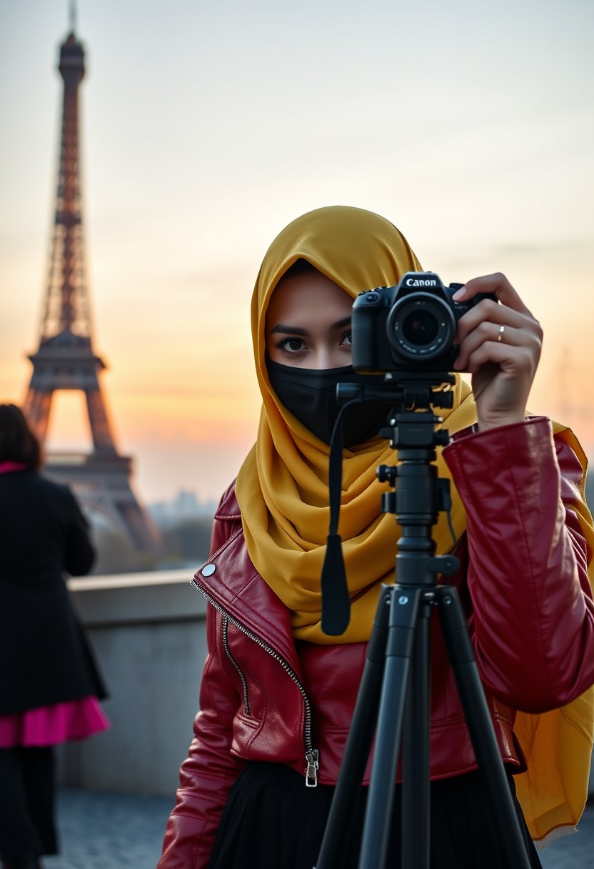 Biggest hijab yellow Muslim girl, beautiful eyes, face mask black, red leather jacket, biggest black skirt, camera DSLR CANON, tripod, taking photo Eiffel Tower, sunrise, morning scenery, Eiffel Tower, hyper realistic, street photography.