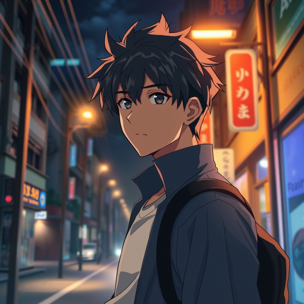 Anime poster of a male at night in a street-like scene, cinematic, cartoon anime, poster.